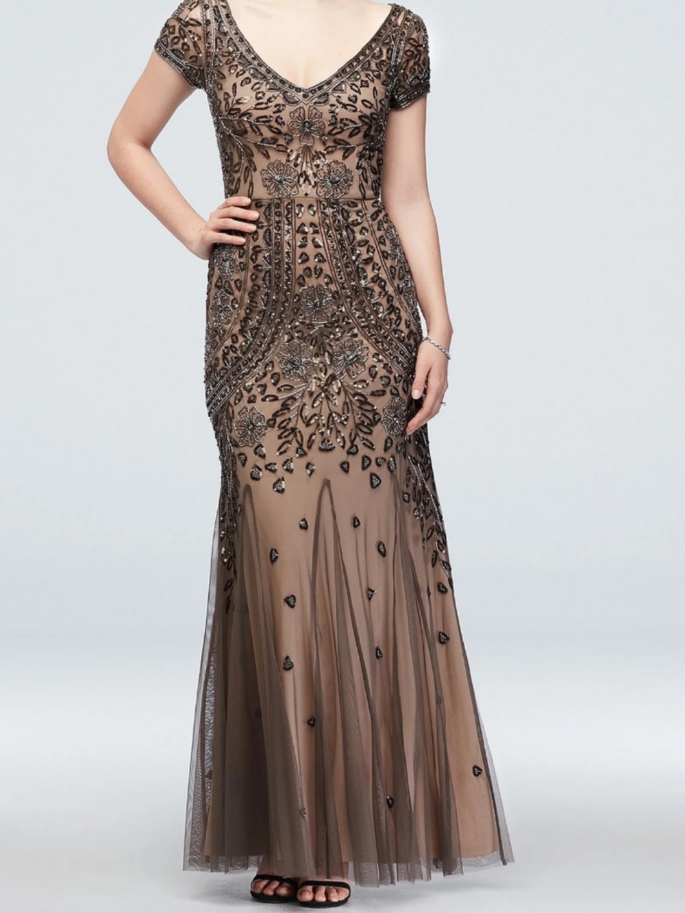 David's Bridal Taupe Maxi Gown with Black Beaded Embroidery